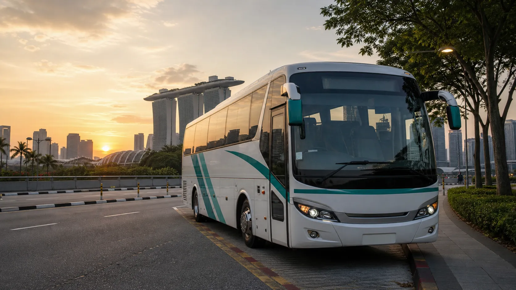 Modern charter bus on Singapore highway at dusk